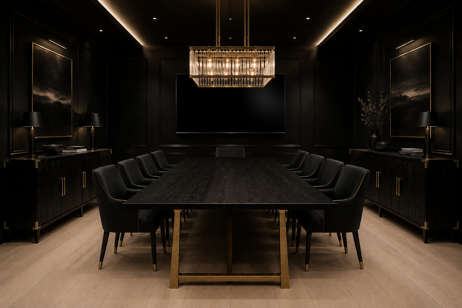 Boardroom rendering: long dark table for 14 under a brass chandelier, with a wall screen and black paneling