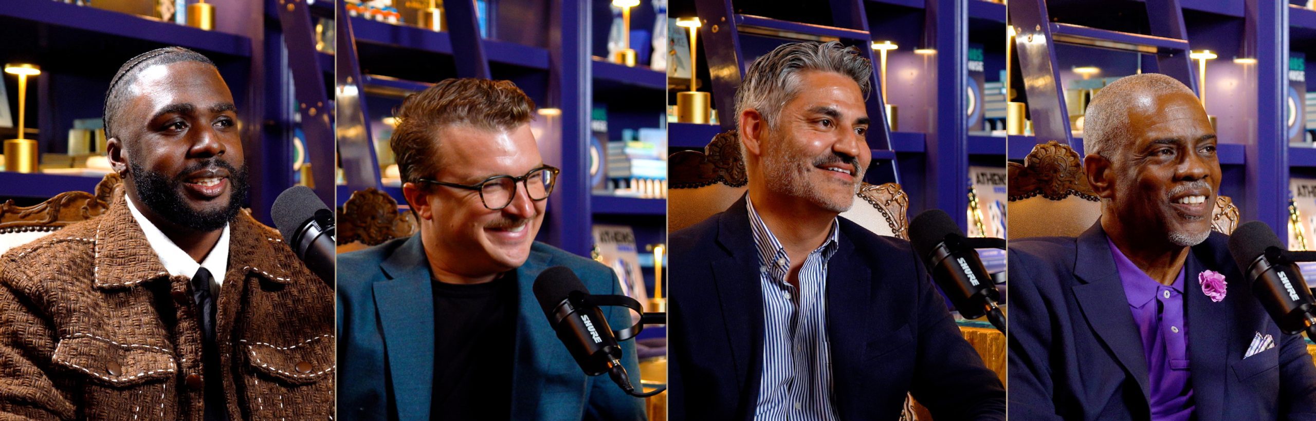 A Man's Point of View podcast guests Gabe Lemon, Bryan Flaherty, Carlos Marquez and Mark T. Harris at microphones