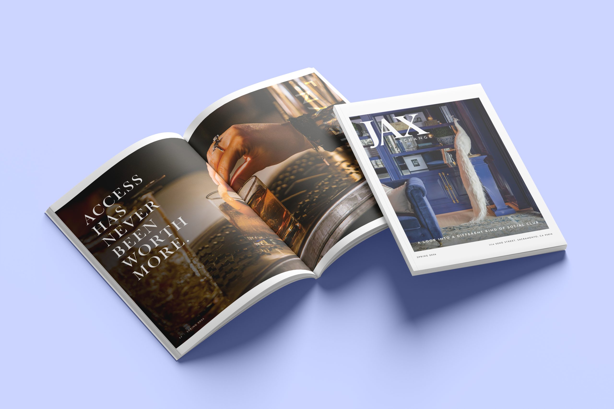 JAX Exchange magazine cover beside an open spread reading "Access has never been worth more."