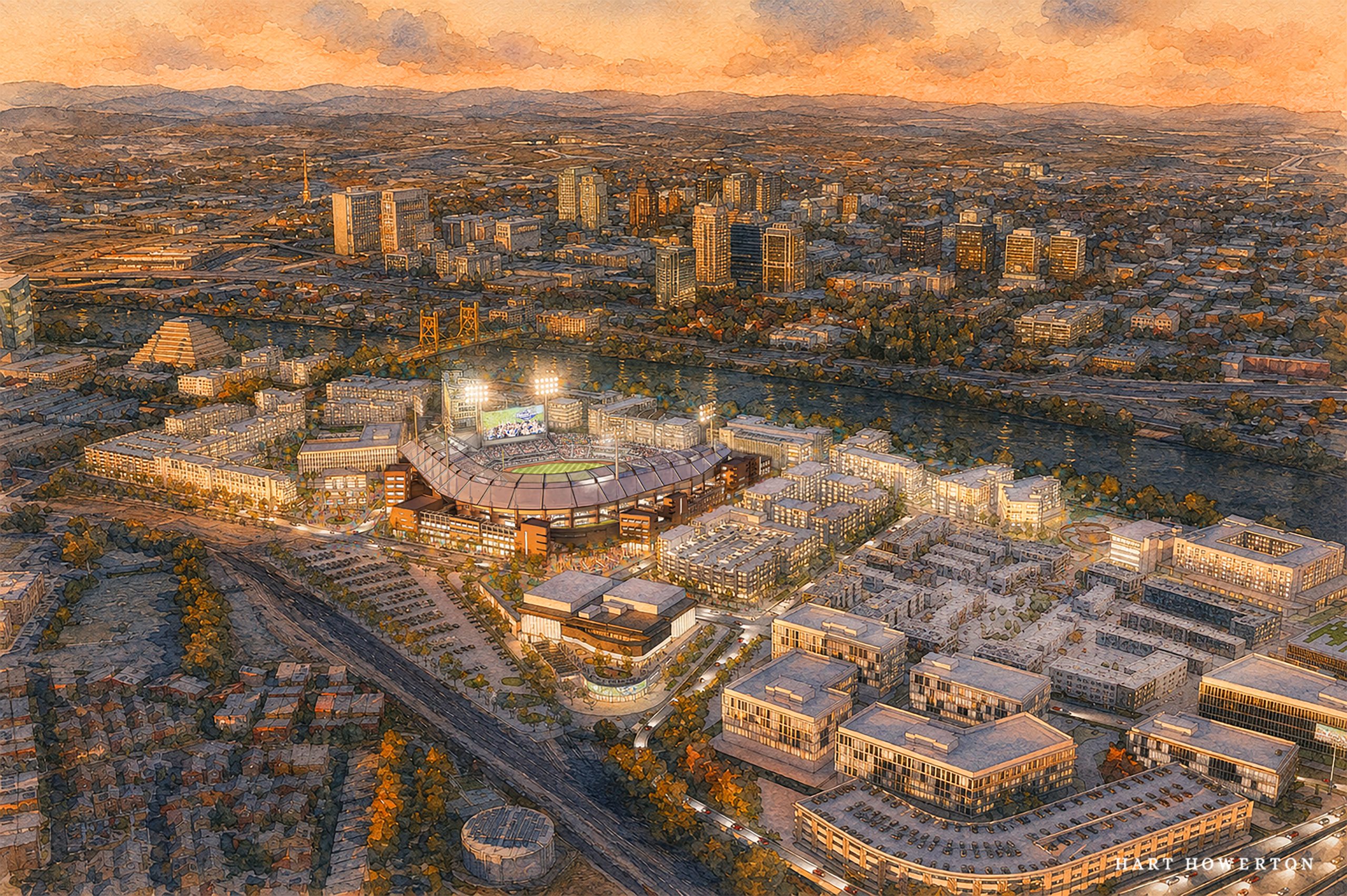 Aerial rendering of a proposed MLB ballpark and surrounding district along the river, with downtown Sacramento behind