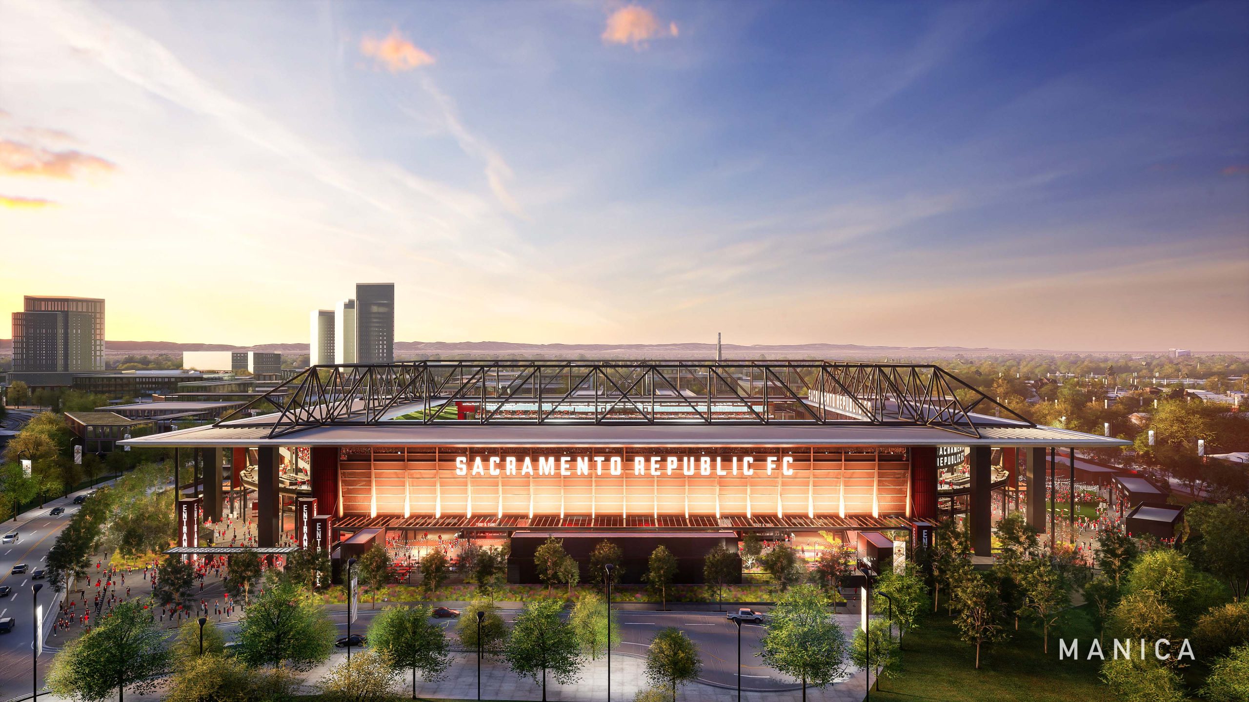 Rendering of the planned Sacramento Republic FC stadium at dusk, with the downtown Sacramento skyline behind